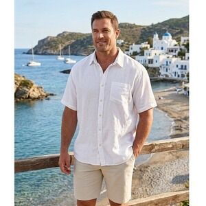Orvis Mens XL White 100% Linen Short Sleeve Button‎ Up Shirt Classic Fit ABF87